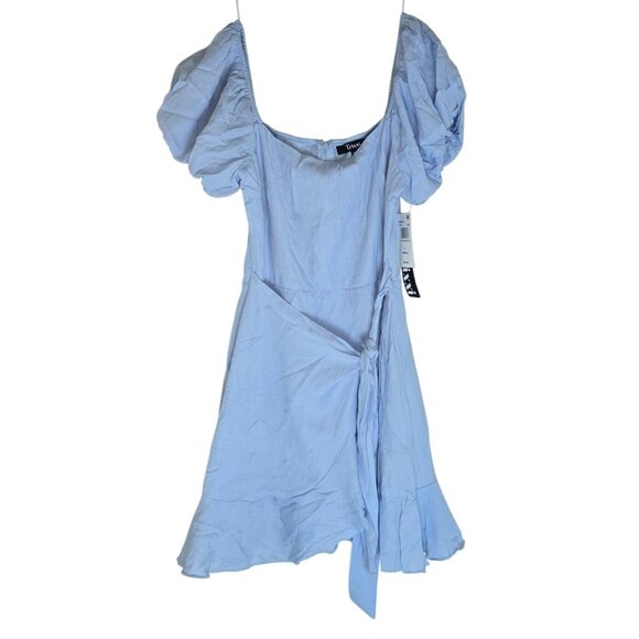 Trixxi Blue Puff Sleeve Mini Dress With Tie Waist & Ruffle Hem S - Picture 3 of 5